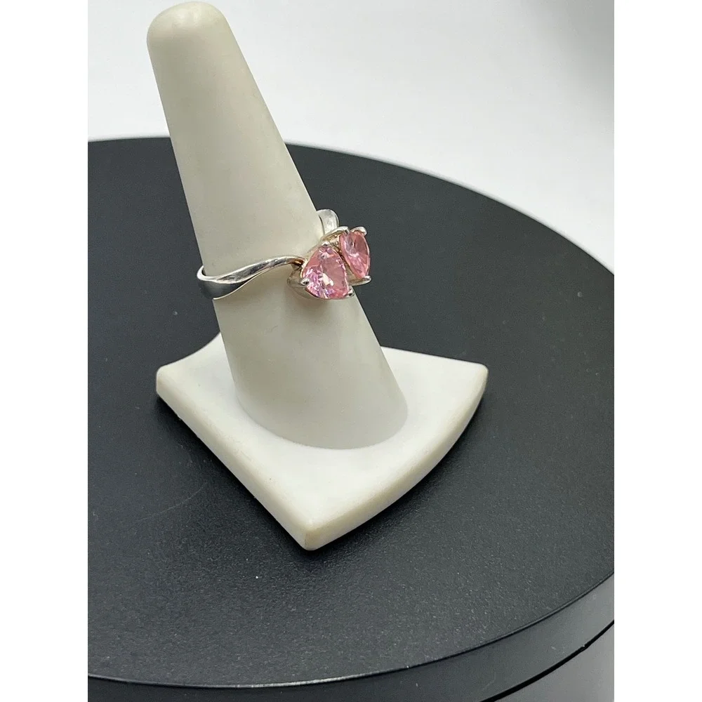 Sterling‎ Silver 925 Double Heart Pink Ice Gemstone Faux Bypass Ring Sz 8.25